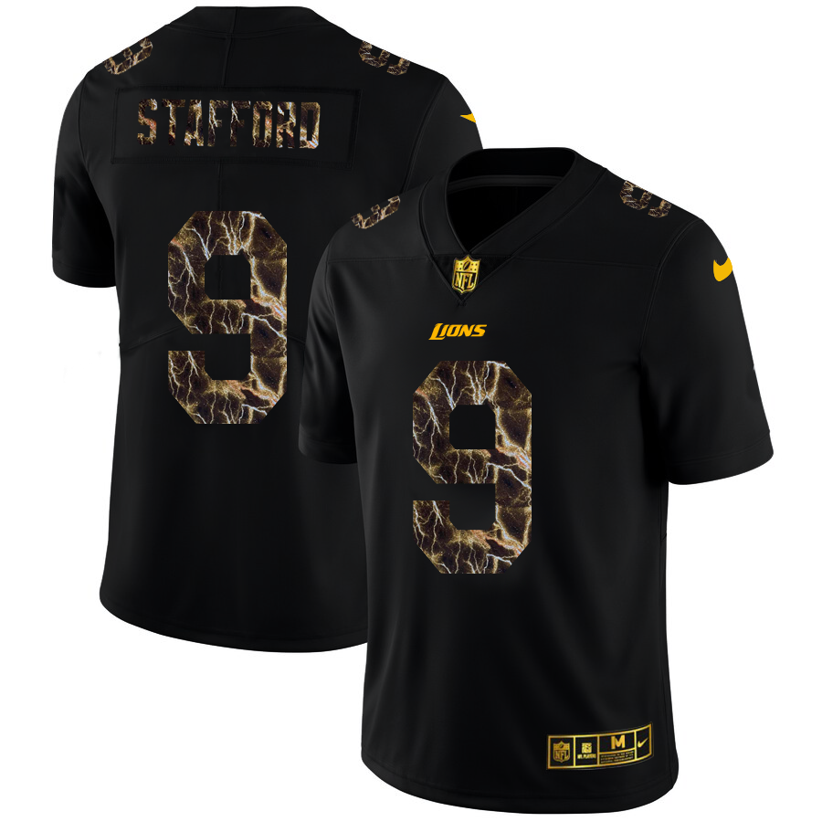 2020 Detroit Lions #9 Matthew Stafford Men Black Nike Flocked Lightning Vapor Limited NFL Jersey